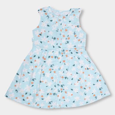 Girls' Light Sky Blue Floral Printed Sleeveless Flared Frock