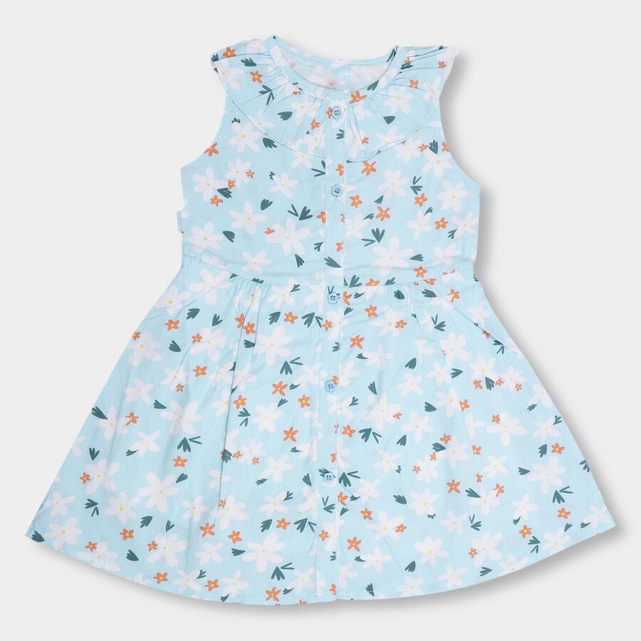 Girls' Light Sky Blue Floral Printed Sleeveless Flared Frock, Light Blue, large image number null
