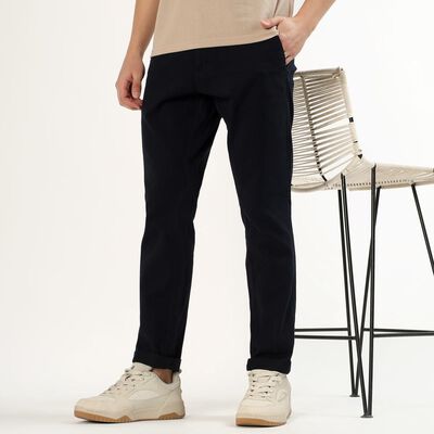 Men's Deep Midnight Navy Slim Fit Flat-Front Casual Trousers