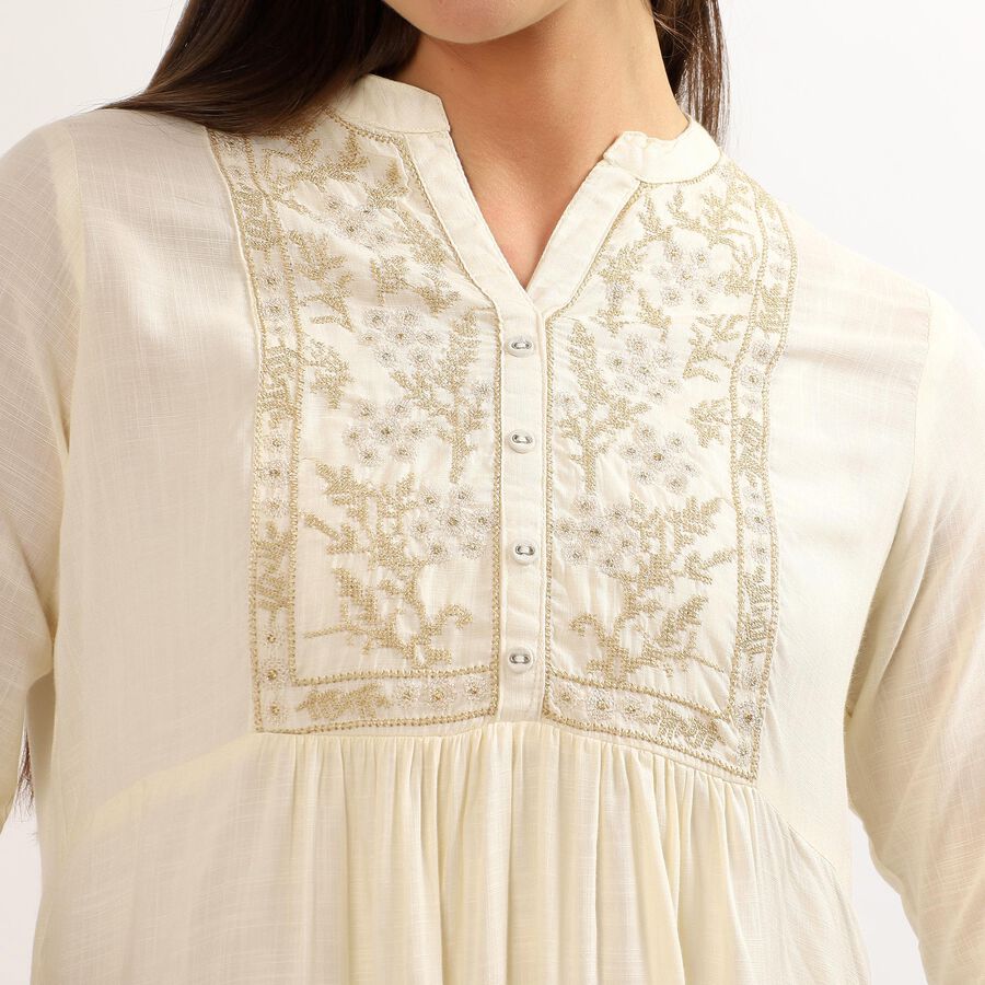 Women's Beige Notch Neck Floral Printed Kurti, Beige, large