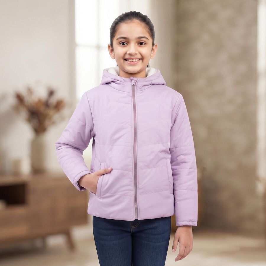 Girls' Lilac Hooded Puffer Jacket, Lilac, large