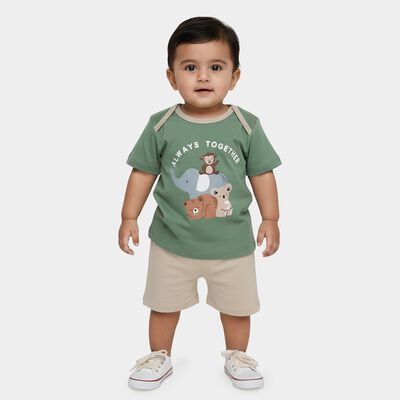 Infants' Olive Cotton Round Neck Printed Baba Suit