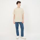 Men's Light Beige Round Neck Casual T-Shirt, Beige, small