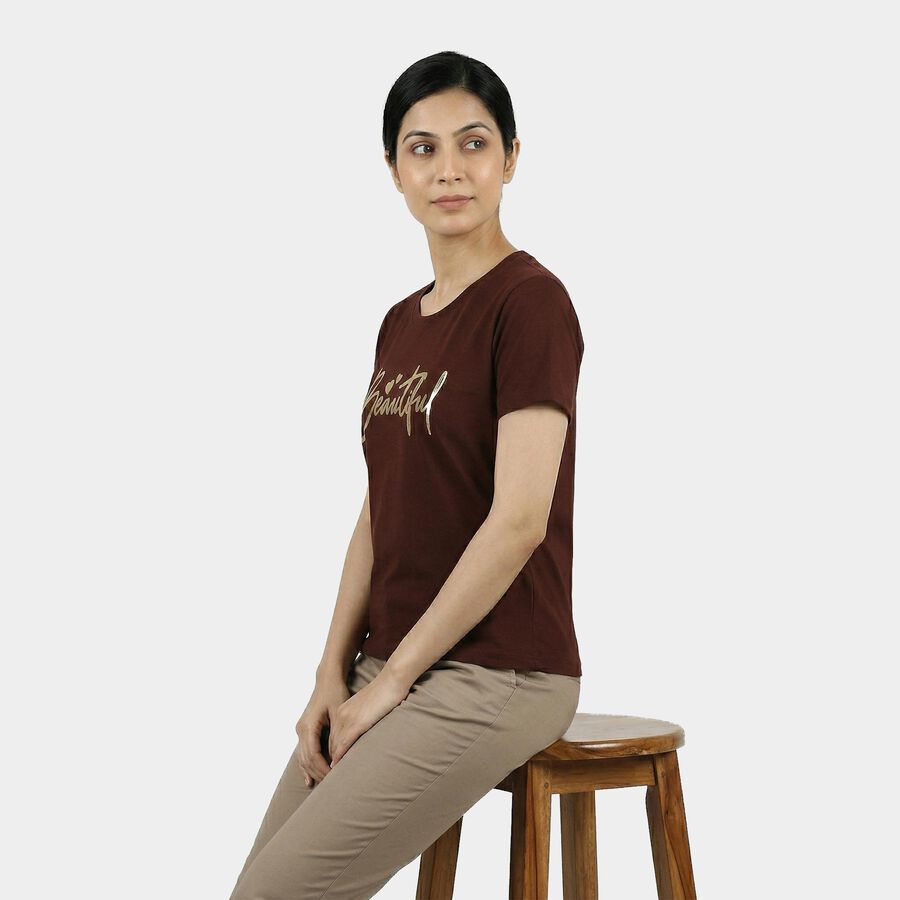 Women's Wine Round Neck Casual T-Shirt, वाइन, large