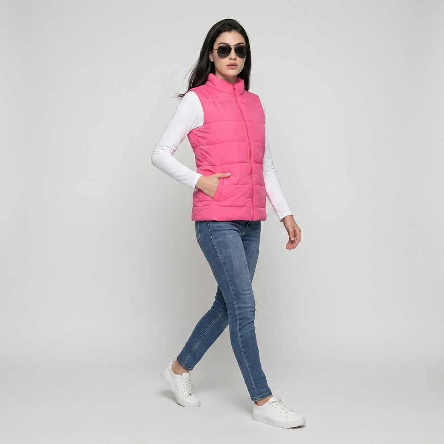 Women's Fuchsia Stand Collar Puffer Jacket, रानी (फ्यूशिया), large