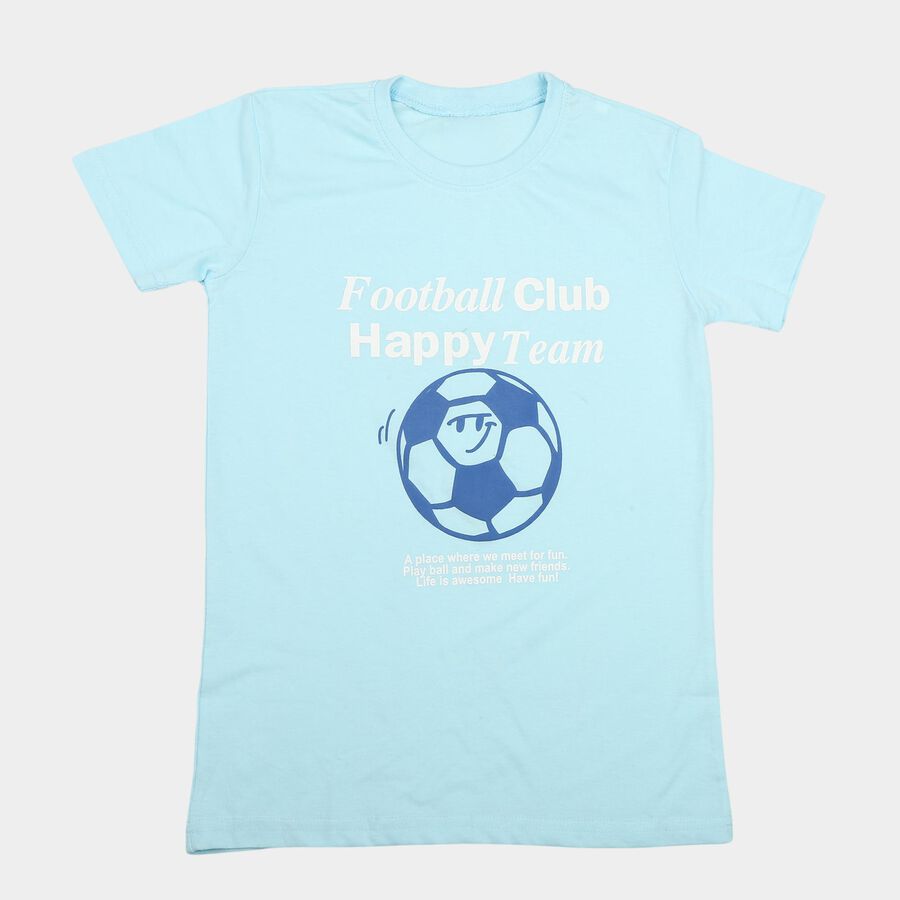 Boys Light Blue Round Neck Graphic Print Regular T-Shirt, हल्का नीला, large