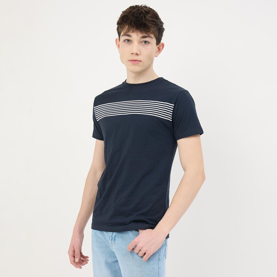 Men's Navy Blue Round Neck Casual T-Shirt, Navy Blue, large