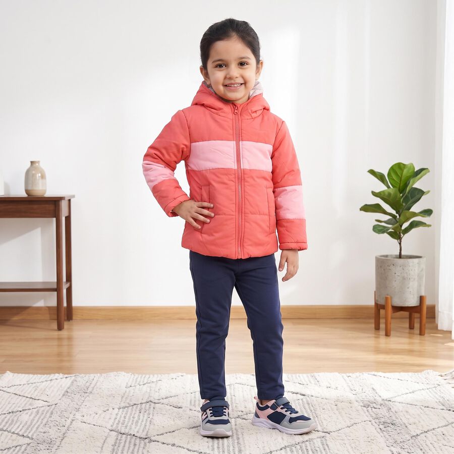 Girls' Coral Hooded Puffer Jacket, Coral, large