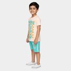 Boys Peach Cotton Round Neck Printed Baba Suit, Peach, small