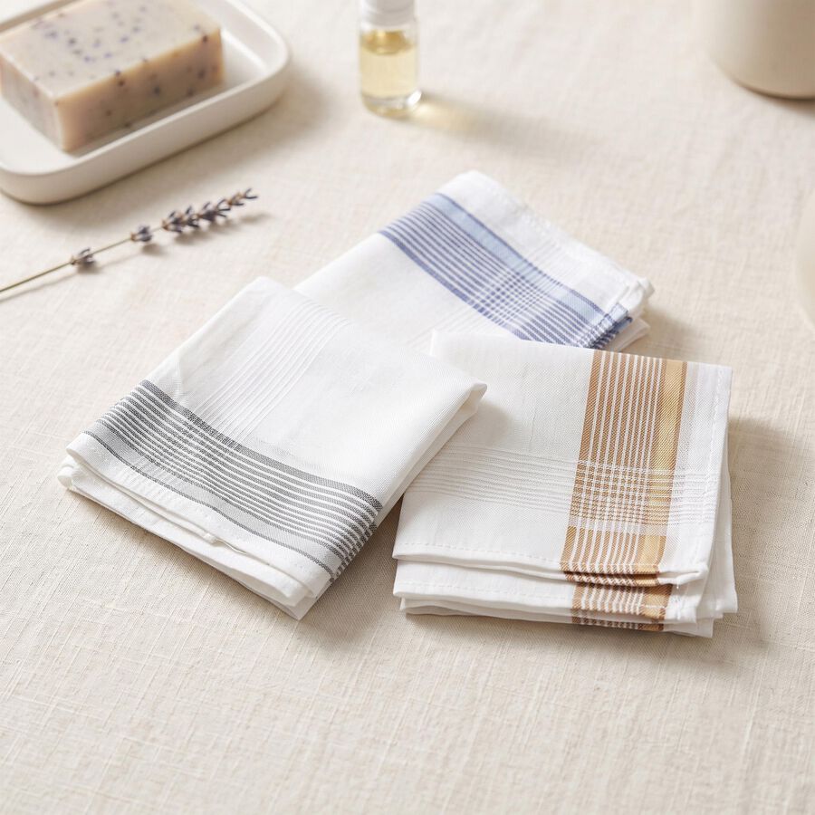 Men's White Striped Pack of 3 Handkerchief, White, large