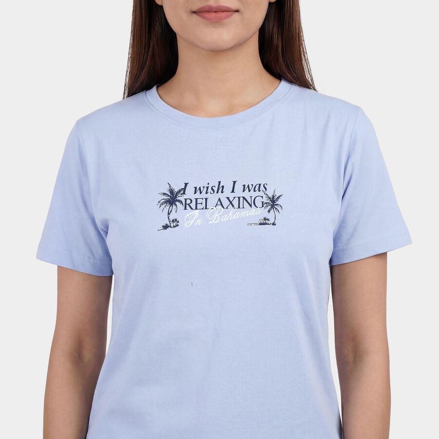 Women's Light Blue Round Neck Casual T-Shirt, Light Blue, large