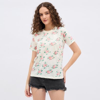 Women's Eggshell White Round Neck Floral T-Shirt