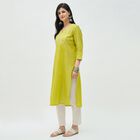 Women's Bright Lime Green Cotton Notch Neck Embroidered Kurta, हल्का हरा, small