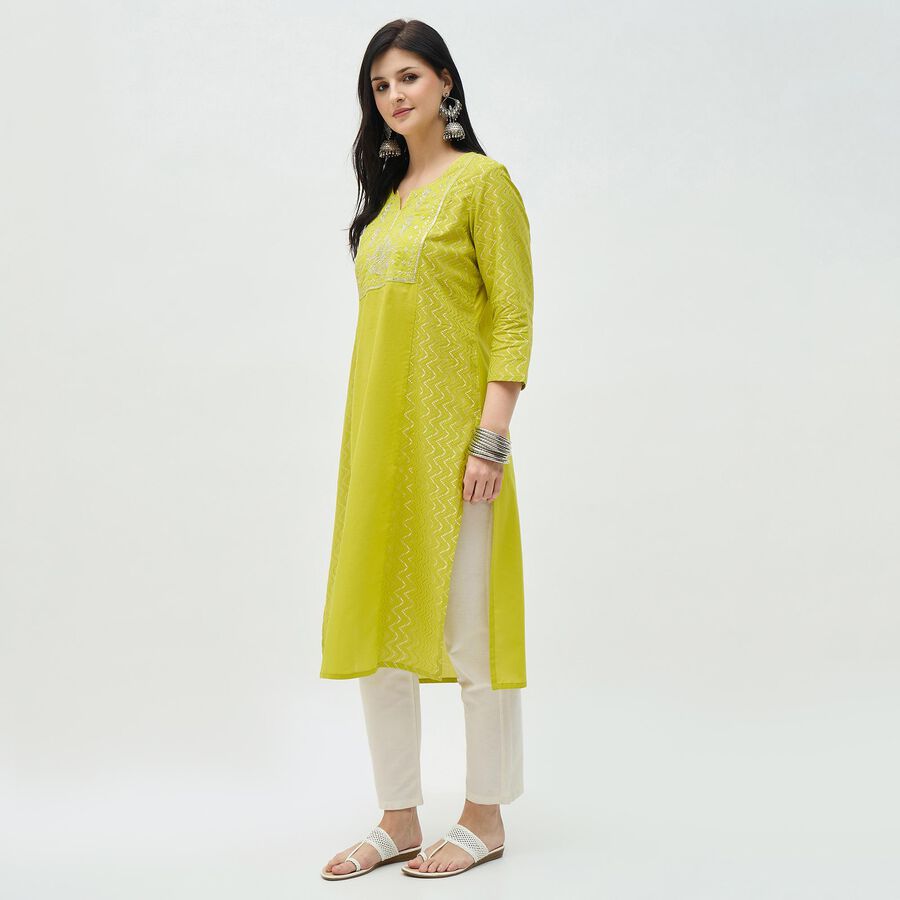 Women's Bright Lime Green Cotton Notch Neck Embroidered Kurta, हल्का हरा, large