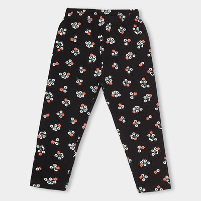 Girls' Jet Black Floral Printed Stretch Legging