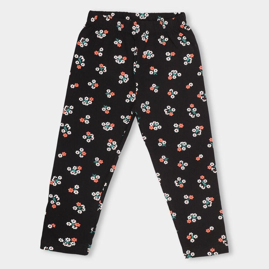 Girls' Jet Black Floral Printed Stretch Legging, काला, large image number null