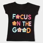 Girls' Jet Black Cotton Crew Neck Casual T-Shirt, Black, small image number null