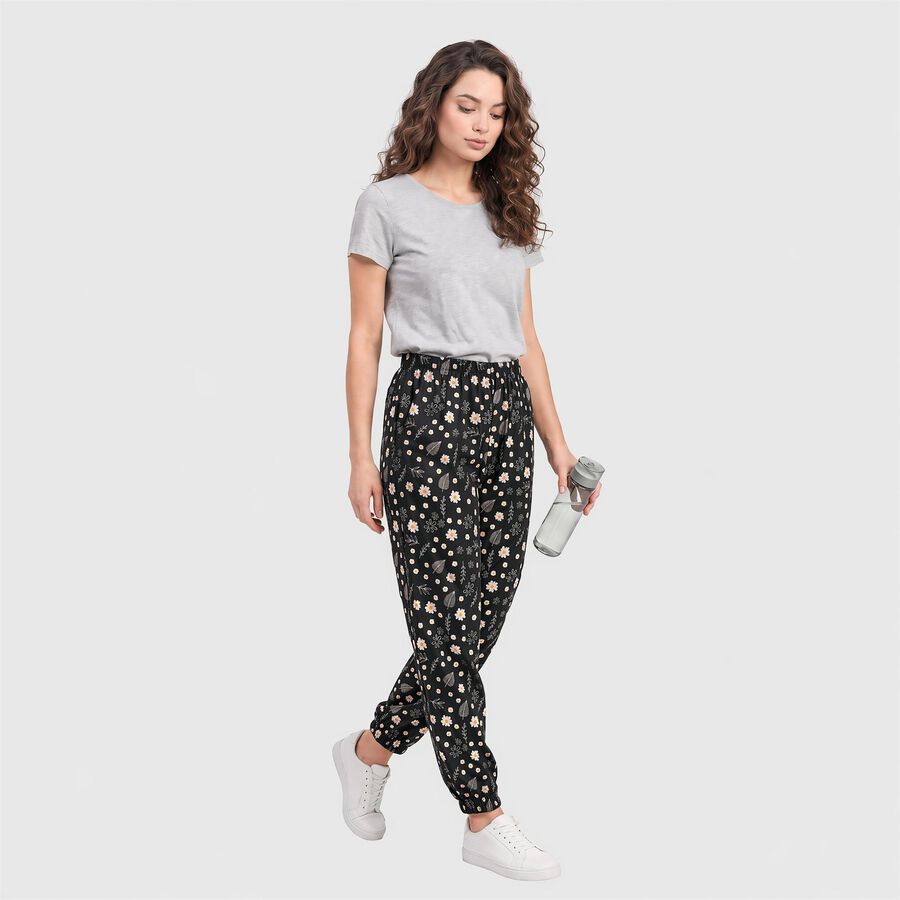 Women's Black Relaxed Fit Printed Harem Pants, काला, large