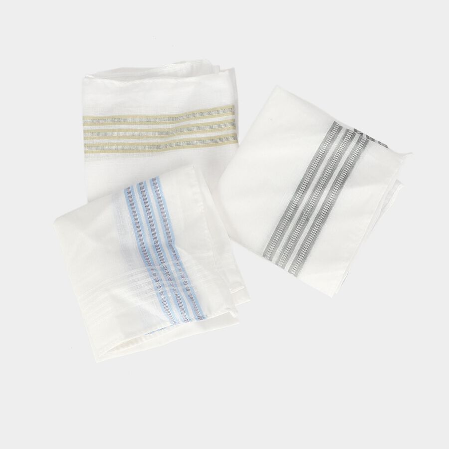 Men's White Striped Pack of 3 Handkerchief, सफ़ेद, large