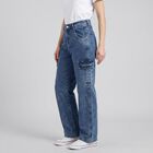 Women's Blue Relaxed Fit Cargo Jeans, Mid Blue, small