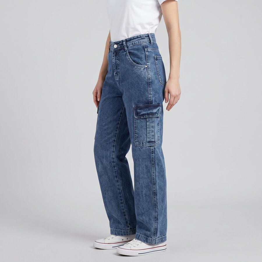 Women's Blue Relaxed Fit Cargo Jeans, Mid Blue, large