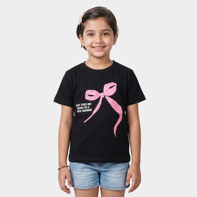 Girls Black Round Neck Regular T-Shirt
