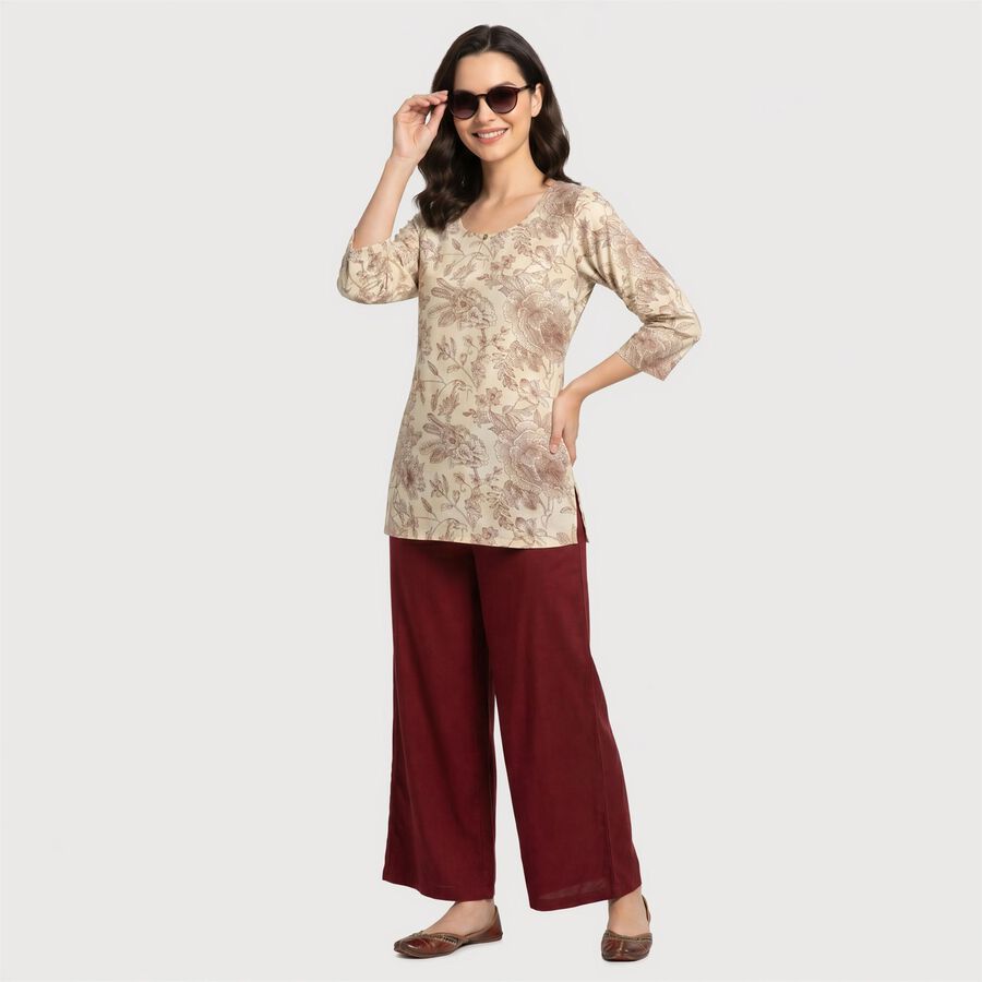 Women's Cream Round Neck Floral Printed Straight Kurti, ऑफ व्हाइट, large
