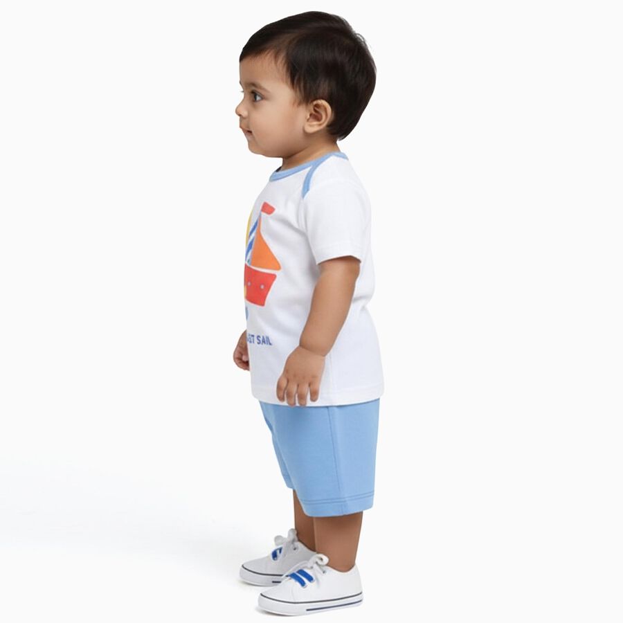 Infants' White Cotton Raglan Neck Boat Print Baba Suit, मध्यम नीला, large image number null