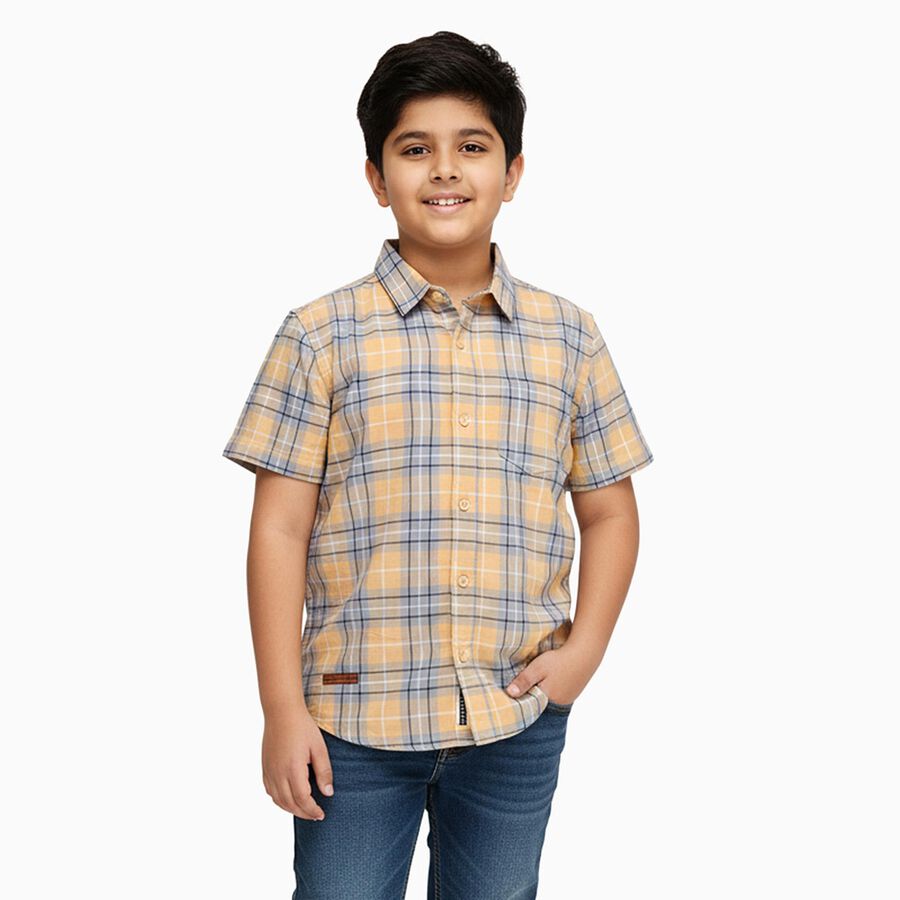 Boys Bright Mustard Yellow Cotton Half Sleeve Classic Casual Shirt, Yellow, large image number null