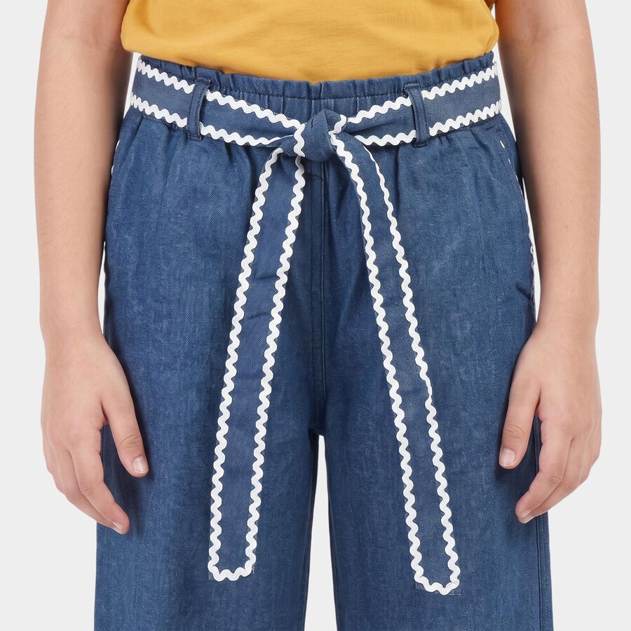 Girls' Blue Wide Leg Tie-Up Jeans, गहरा नीला, large