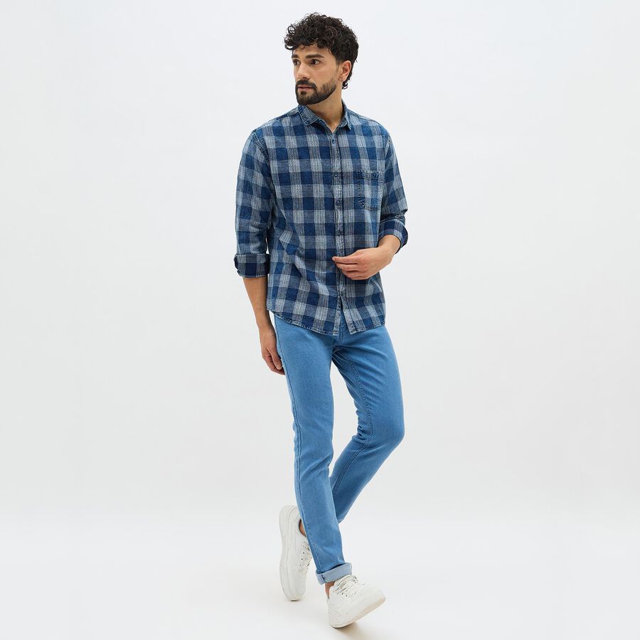 Men's Deep Denim Blue Cotton Full Sleeve Spread Collar Casual Shirt, मध्यम नीला, large image number null