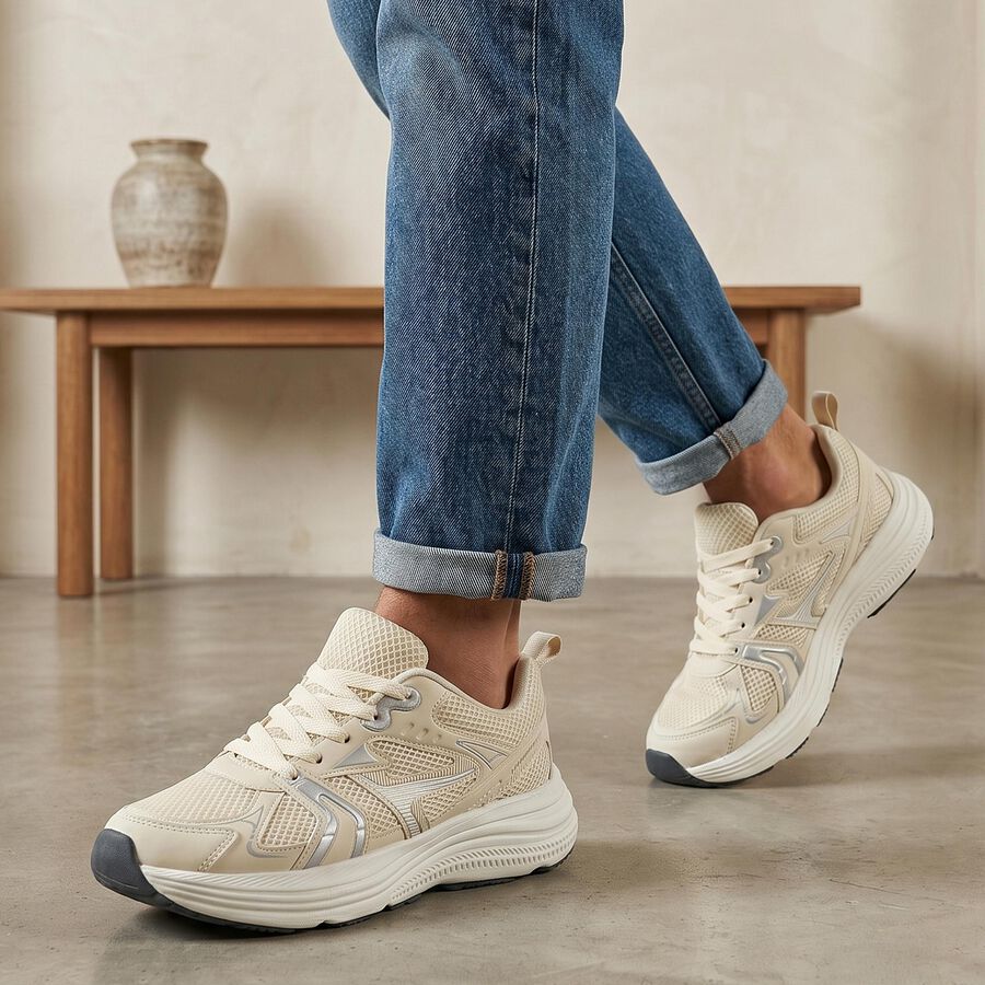 Men's Beige Lace-Up Sneakers, गहरा पीला, large