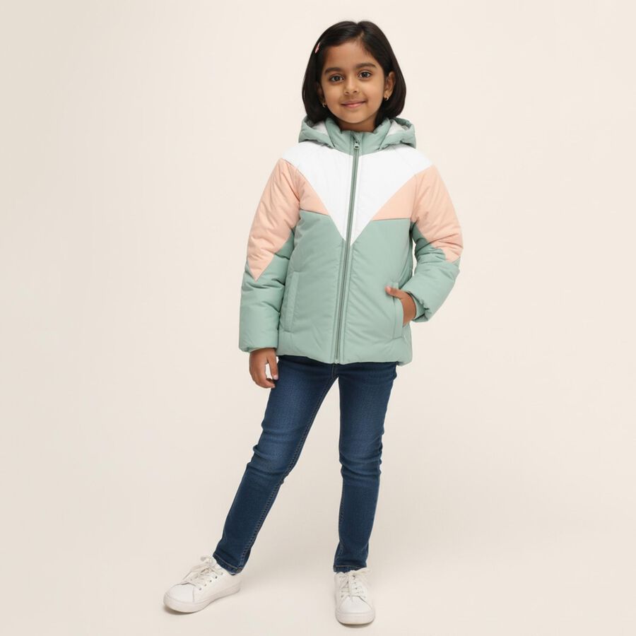 Girls Light Mint Green Hooded Casual Jacket, Light Green, large image number null
