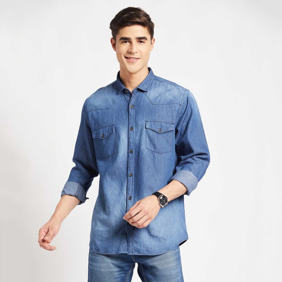 Cotton Solid Casual Shirt, Mid Blue, large image number null