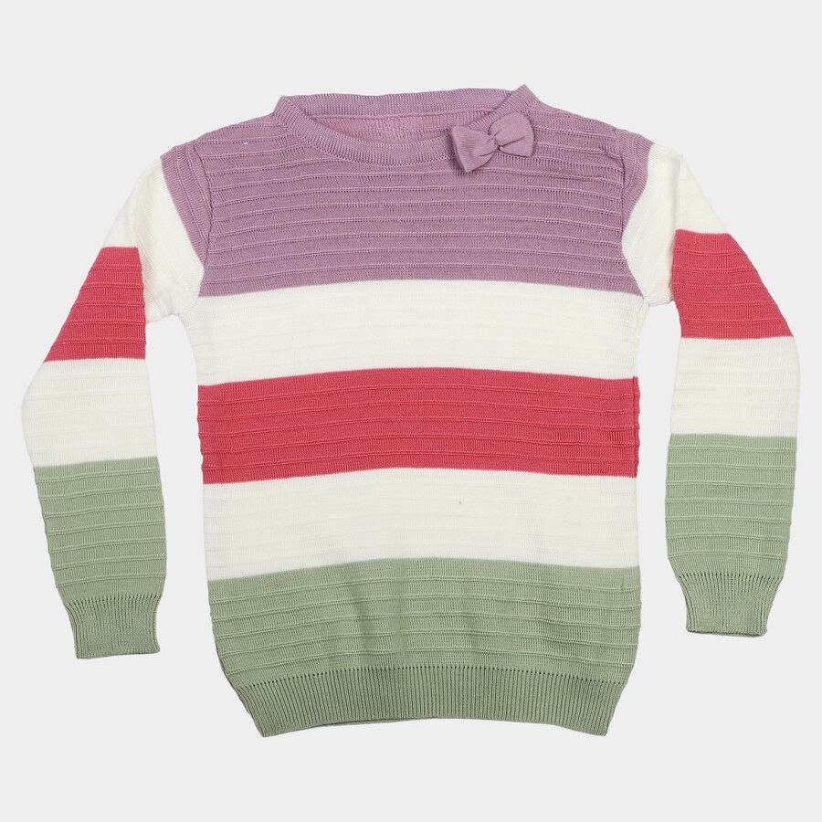 Girls Pink Crew Neck Striped Pullover, Pink, large