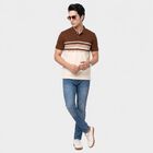 Men's Brown Polo Neck Striped T-Shirt, Brown, small