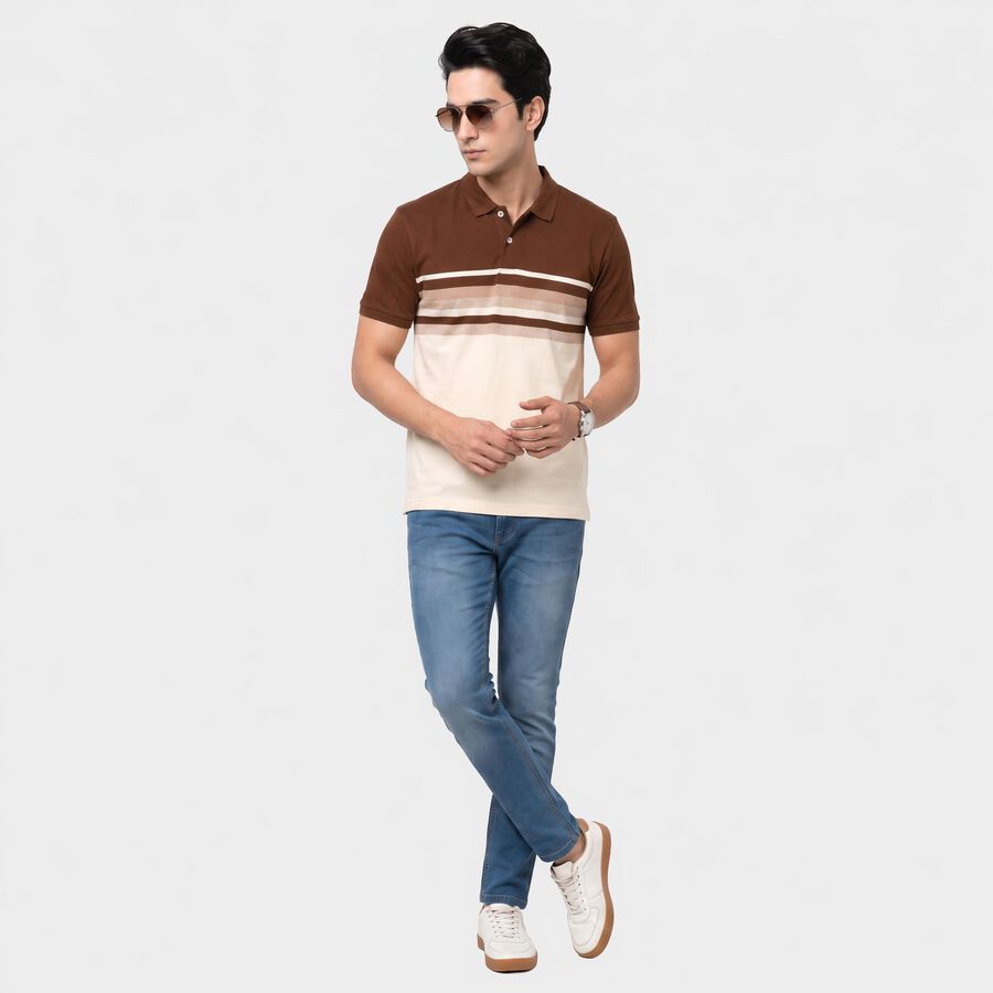 Men's Brown Polo Neck Striped T-Shirt, Brown, large
