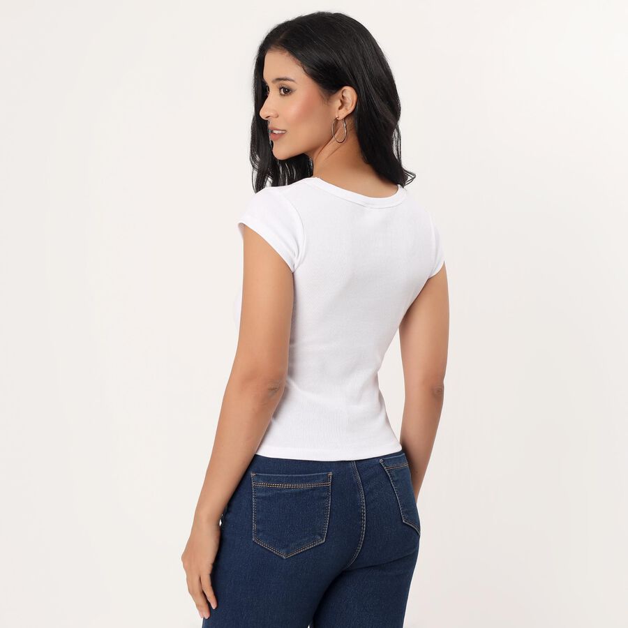 Women's White Round Neck Graphic T-Shirt, White, large