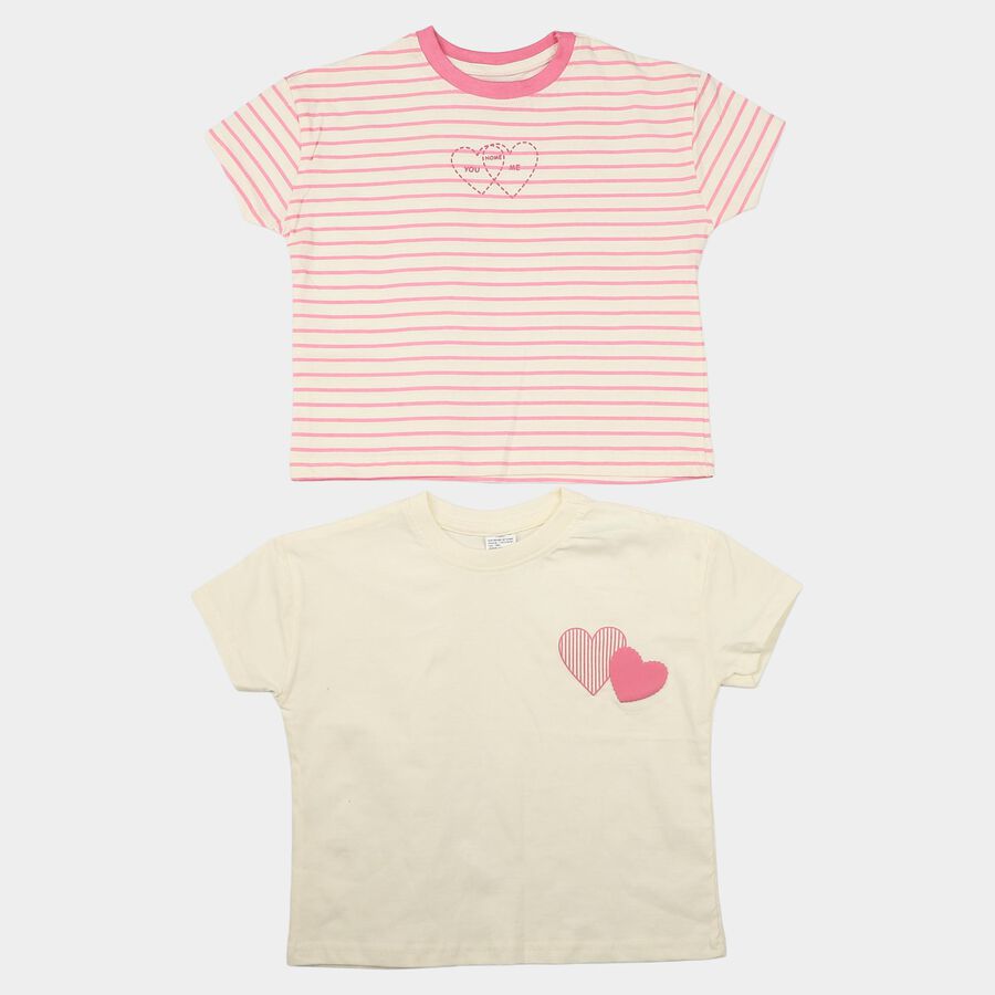 Girls' Off White Cotton Round Neck Regular T-Shirt, Off White, large