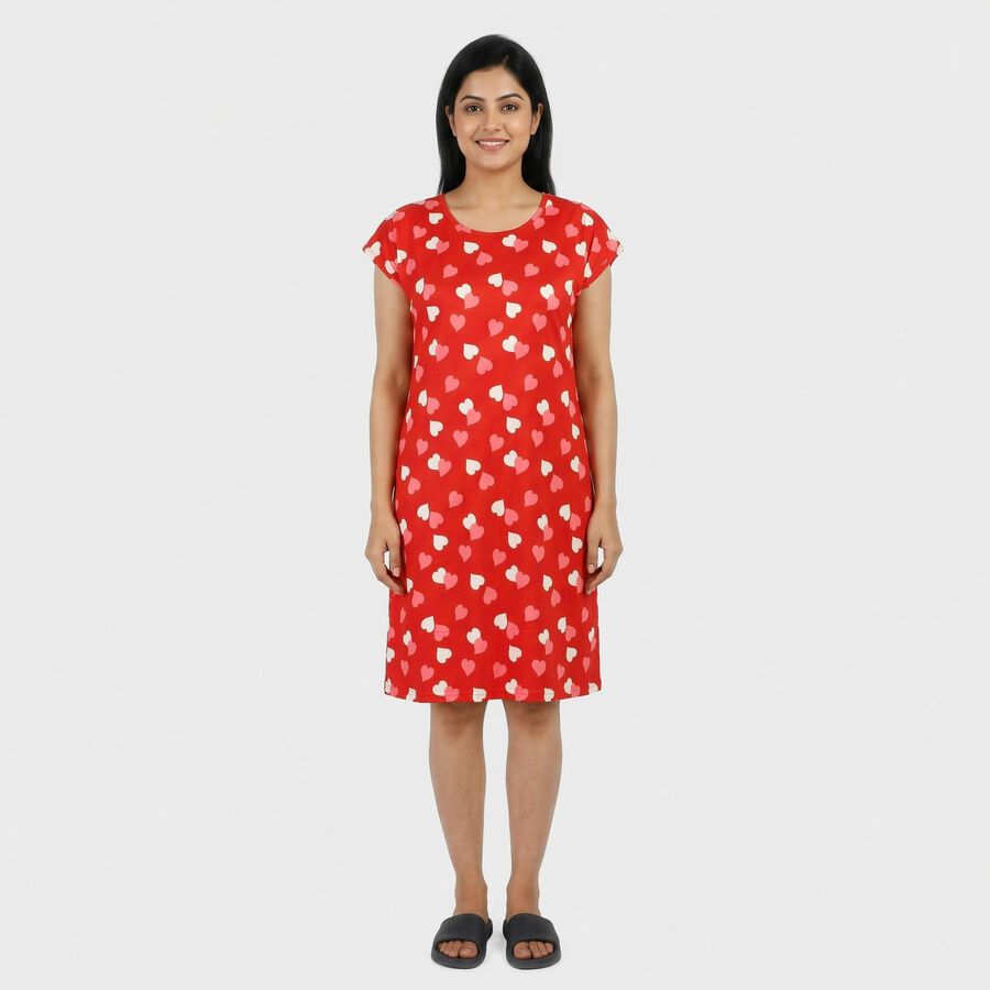 Women's Red Round Neck T-Shirt Style Nighty, लाल, large