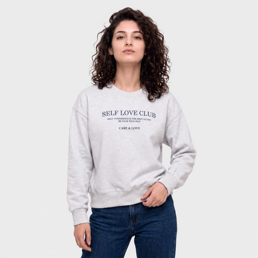 Women's Grey Crew Neck Graphic Print Sweatshirt, मिश्रित हल्का ग्रे, large