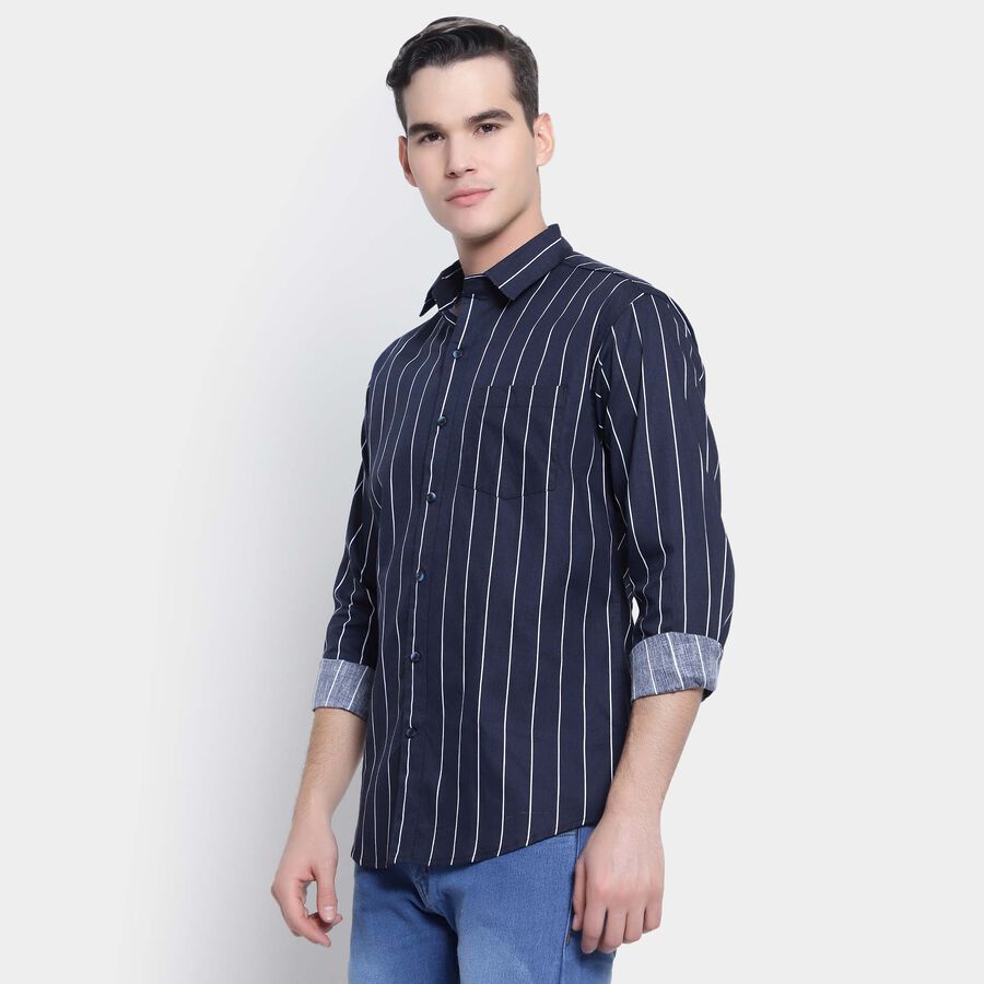 Cotton Stripes Casual Shirt, Navy Blue, large image number null