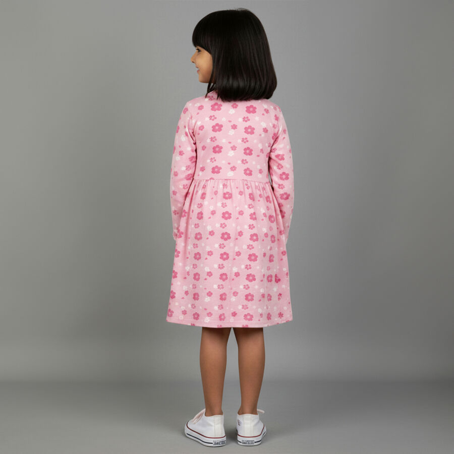 Girls' Soft Pink Floral Printed Long Sleeve Frock, Light Pink, large image number null