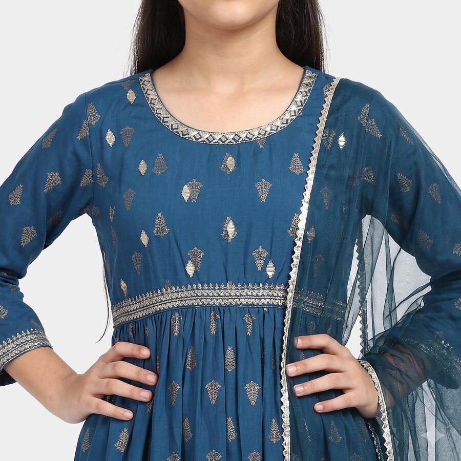 Girls Navy Blue Round Neck Fusion Set Upper and Bottom Set, नेवी ब्लू, large