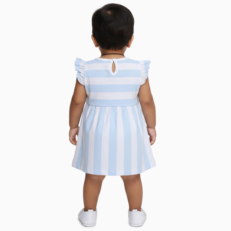 Infants' Light Blue and White Striped Cotton Flutter Sleeve Frock, Aqua, large