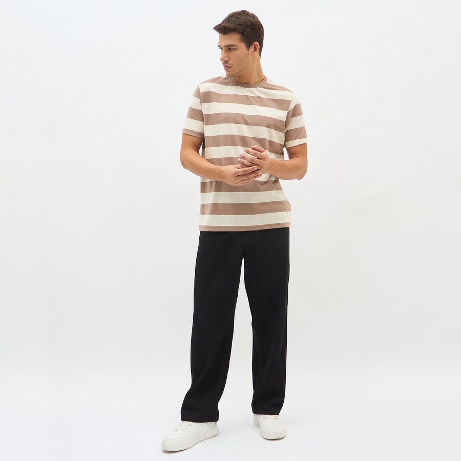 Men's Beige Round Neck Striped T-Shirt, Beige, large image number null