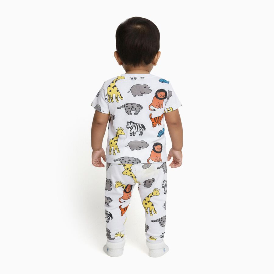 Infants White Cotton Round Neck Animal Print Night Suit, White, large image number null