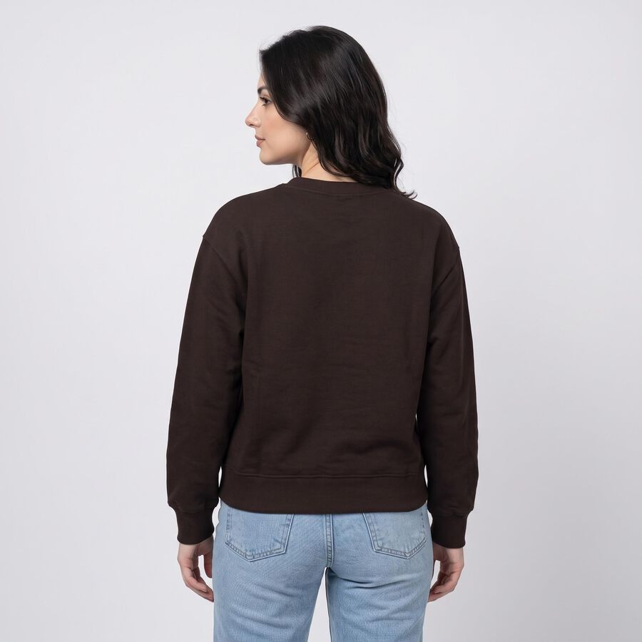 Women Brown Crew Neck Graphic Print Sweatshirt, भूरा, large