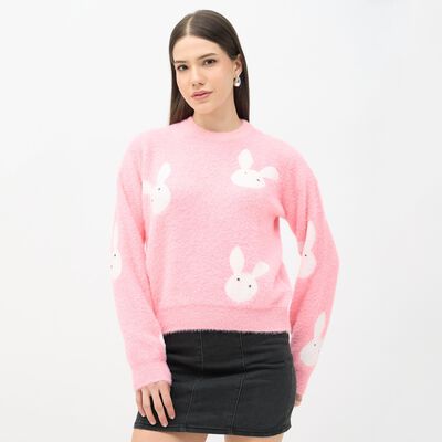 Women's Bright Pink Crew Neck Casual Pullover