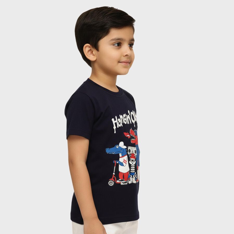 Boys Deep Midnight Navy Blue Cotton Crew Neck Casual T-Shirt, Navy Blue, large